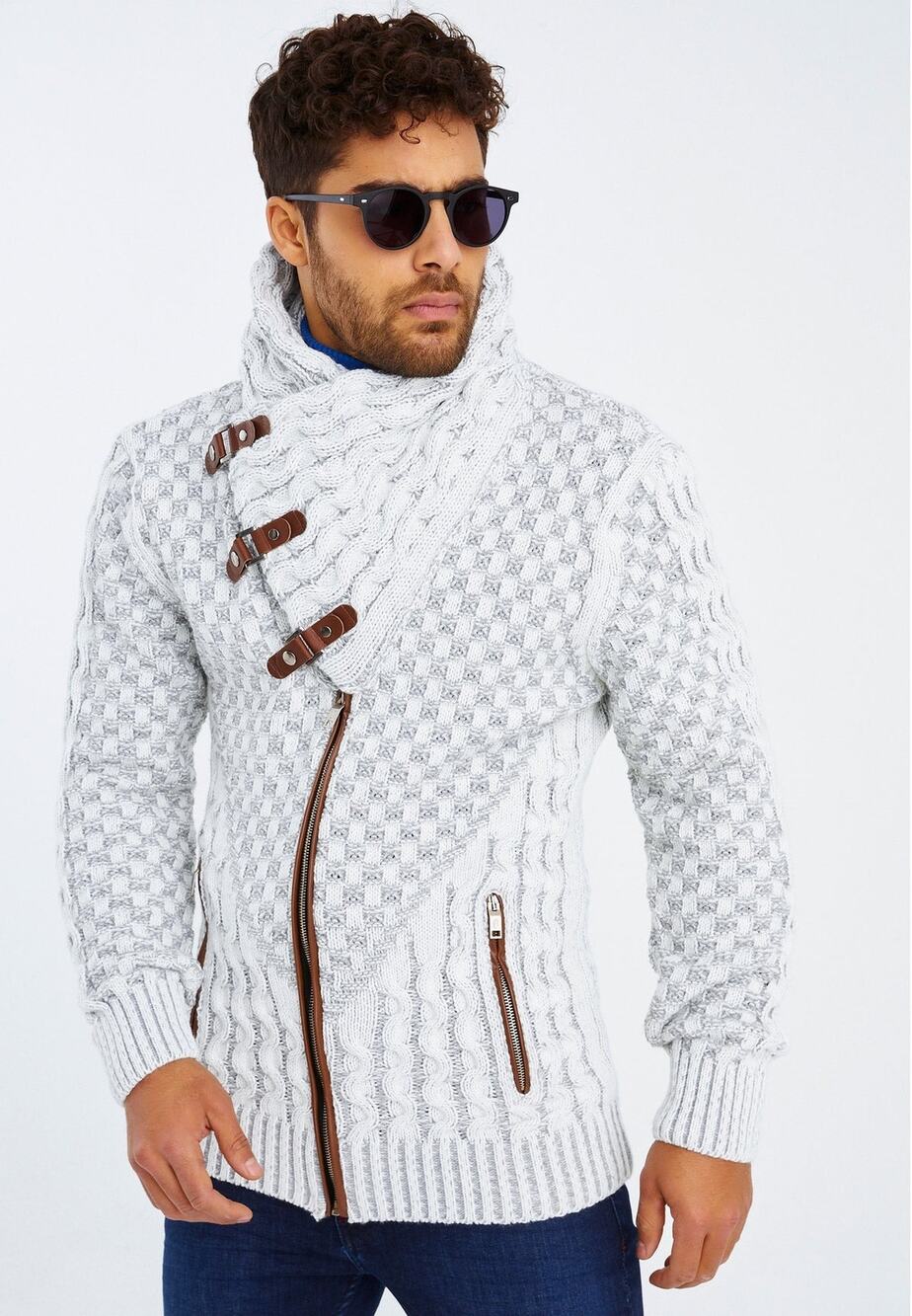 Leif Nelson Ecru Grey Chunky Knit Shawl Collar Buckle Strap Cardigan Sweater M